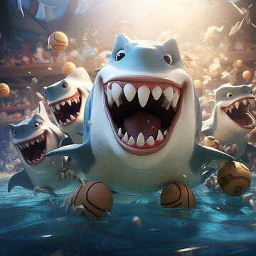 Funny cartoon monsters in the water. 3d render illustration.