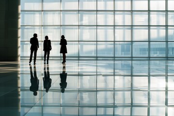 Obraz premium Three business professionals engaging in a discussion in a spacious corporate hallway with floor-to-ceiling glass windows, reflecting sunlight and their silhouettes.