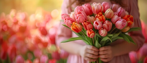 Daughter presenting her mother with a bouquet of tulips on Mother's Day. Concept Mother's Day, Tulips, Family Bond, Mother-Daughter Relationship, Special Moments - obrazy, fototapety, plakaty