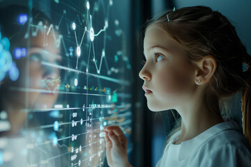 Girl examining a scientific chart or graph - obrazy, fototapety, plakaty
