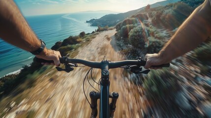 A riders perspective of rushing down a mountain bike trail. - obrazy, fototapety, plakaty