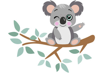 Funny koala on branch of tree with green leaves