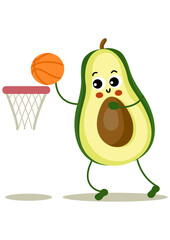 Funny avocado mascot playing basketball