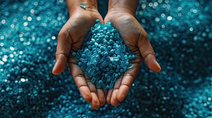 A hand hold or touching plastic pellets , plastic polymer dye granules color clear blue. - obrazy, fototapety, plakaty