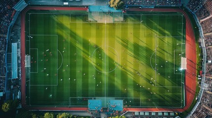 Aerial Shot of an Empty Soccer Stadium During an Afternoon Practice Session