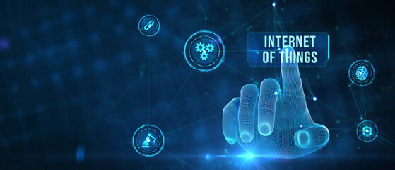 Obraz premium Internet of things - IOT concept. Businessman offer IOT products and solutions. 3d illustration
