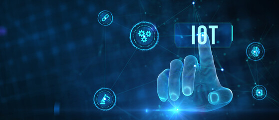 Internet of things - IOT concept. Businessman offer IOT products and solutions. The future of technology. Virtual screen of the future with the inscription: IOT. 3d illustration