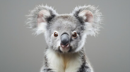 Close-up portrait of a koala on a gray isolated background.