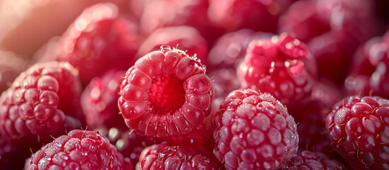 Fresh juicy raspberries close up. Healthy food, red berry background. Sweet healthy dessert. 
