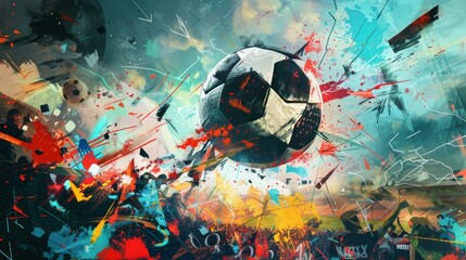 Digital art piece showing a football breaking through various national barriers, symbolizing unity. 