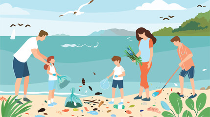People cleaning shore by collecting garbage into tras