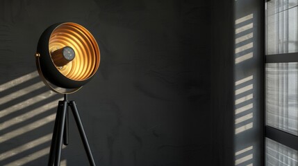 Blank mockup of a retro tripod desk lamp in a matte black and gold finish reminiscent of old...