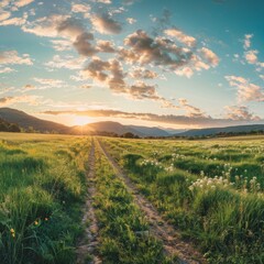 Fototapeta premium sunset over the field in mountains