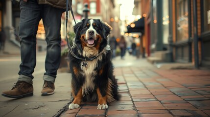 Dog Sitting on Leash in City Street - obrazy, fototapety, plakaty