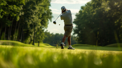the peacefulness of the fairway, a man stands poised to execute his golf shot