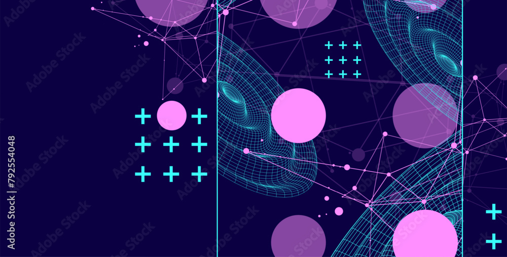 Wall mural template for science and technology presentation. wireframe waves. plexus style background.