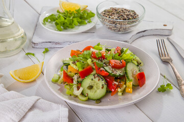 Salad of fresh cucumbers, celery, sweet peppers, herbs and pumpkin seeds, sunflowers, sesame seeds with olive oil. Healthy vegetarian, vegan food. Italian Cuisine