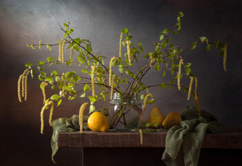 Still life with spring birch branches and decorative pumpkins on a dark background