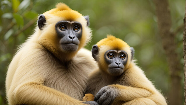 A mother monkey is holding her two babies close. The monkeys are all looking in the same direction. The background is blurred, but it looks like there are trees in the background.

