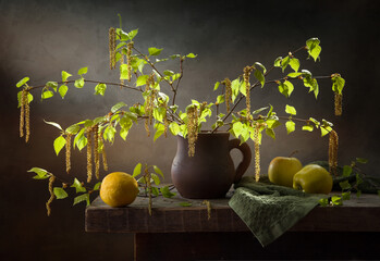 Still life with spring birch branches and fruits on a dark background.