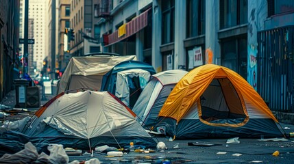 Urban Homelessness: Tents on a Littered City Street at Dusk. Generative ai - obrazy, fototapety, plakaty