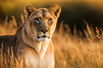 Majestic lioness  poised in the golden savanna wildlife photography
