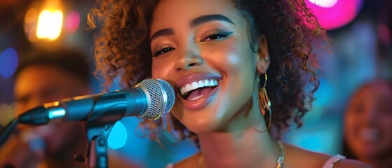 A young woman happily singing into a microphone at a party. Concept Joyful Portraits, Fun Pose, Singing Performance, Party Lifestyle, Music Enthusiast