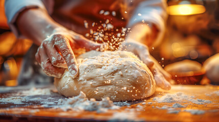 Chef kneading dough on table