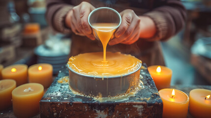 Person pouring candle wax in mold