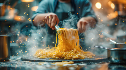 Chef making pasta in kitchen