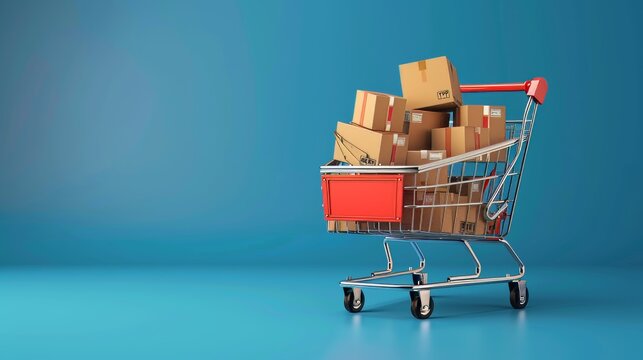 Shopping cart with boxes, online shopping idea
