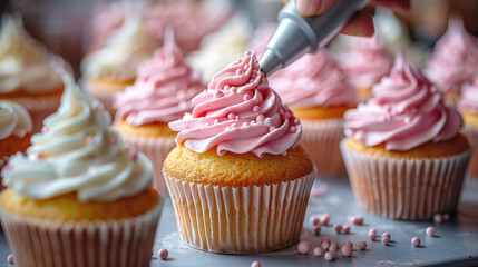 Person frosting cupcakes with whipped cream and sprinkles