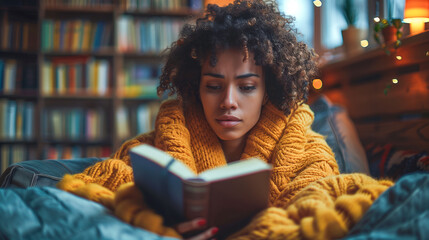 Beautiful black woman reading book