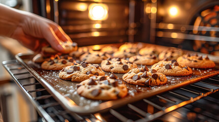 hand holding a tray of cookies in the oven