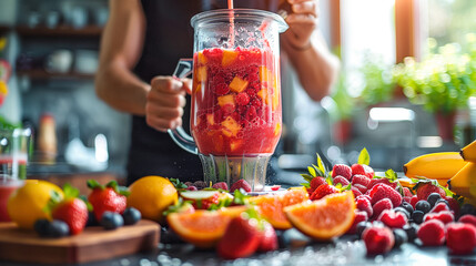 Person preparing healthy smoothie with fruits in blender