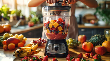 Person making smoothie with fruits in blender