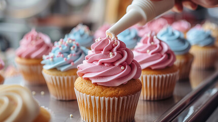 Person frosting cupcakes with cream and icing