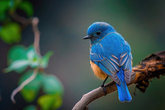 Blue bird standing on a poton branch, looking at the camera, beautiful and narutal blue color, nature animal