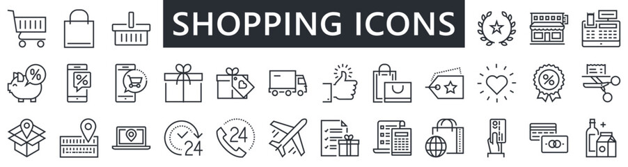 Set of shopping cart icons. Collection of web icons for online store, from various cart icons in various shapes. Editable vector stroke 96x96 Pixel Perfect.