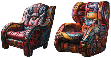two old funky seats with a comic art print