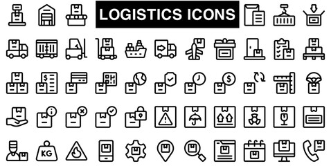 Delivery icons set. Collection of simple linear web icons such as Shipping By Sea Air, Delivery Date, Courier, Warehouse, Return Search Parcel, Fast Shipping and others Editable vector stroke.