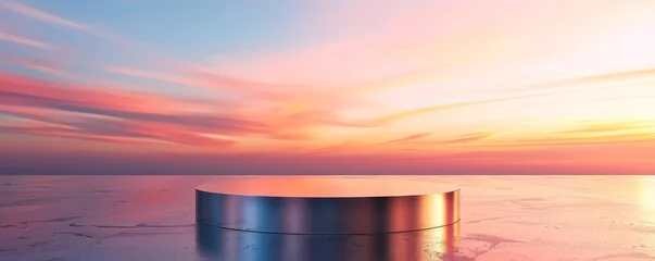 Fotobehang Metallic platform with colorful sky reflection in minimalist landscape © Georgii