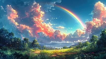 Sky Symphony: Anime Illustration of Radiant Rainbow - obrazy, fototapety, plakaty