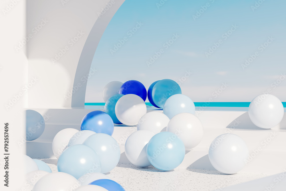 Poster abstract summer scene with white and blue glossy balloons in the pool. 3d rendering.