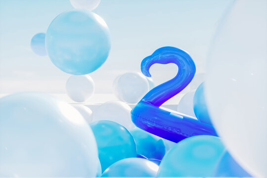 Abstract summer scene with white and blue glossy balloons in the pool. 3d rendering.