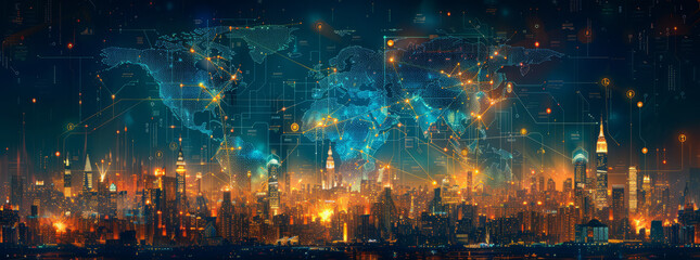 Fototapeta premium Global Network: Map with connecting lines, screens with landmarks.generative ai