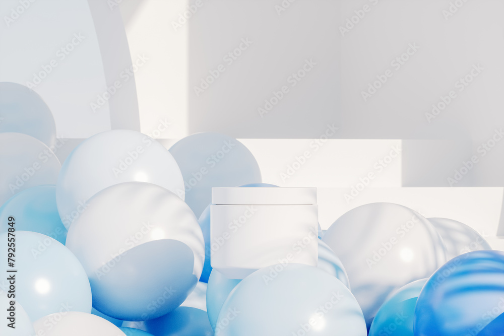 Fototapete abstract summer scene for product display with white and blue glossy balloons in the pool. 3d render