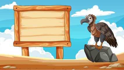 Cartoon vulture on rock beside empty signpost