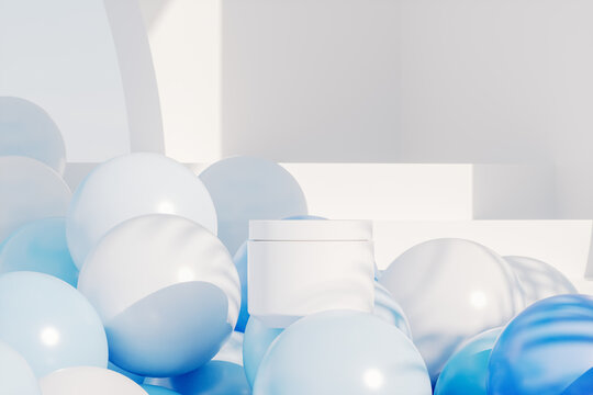 Abstract summer scene for product display with white and blue glossy balloons in the pool. 3d rendering.