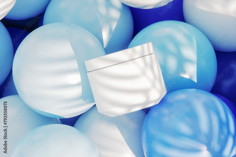 Aufkleber abstract summer scene for product display with white and blue glossy balloons in the pool. 3d render